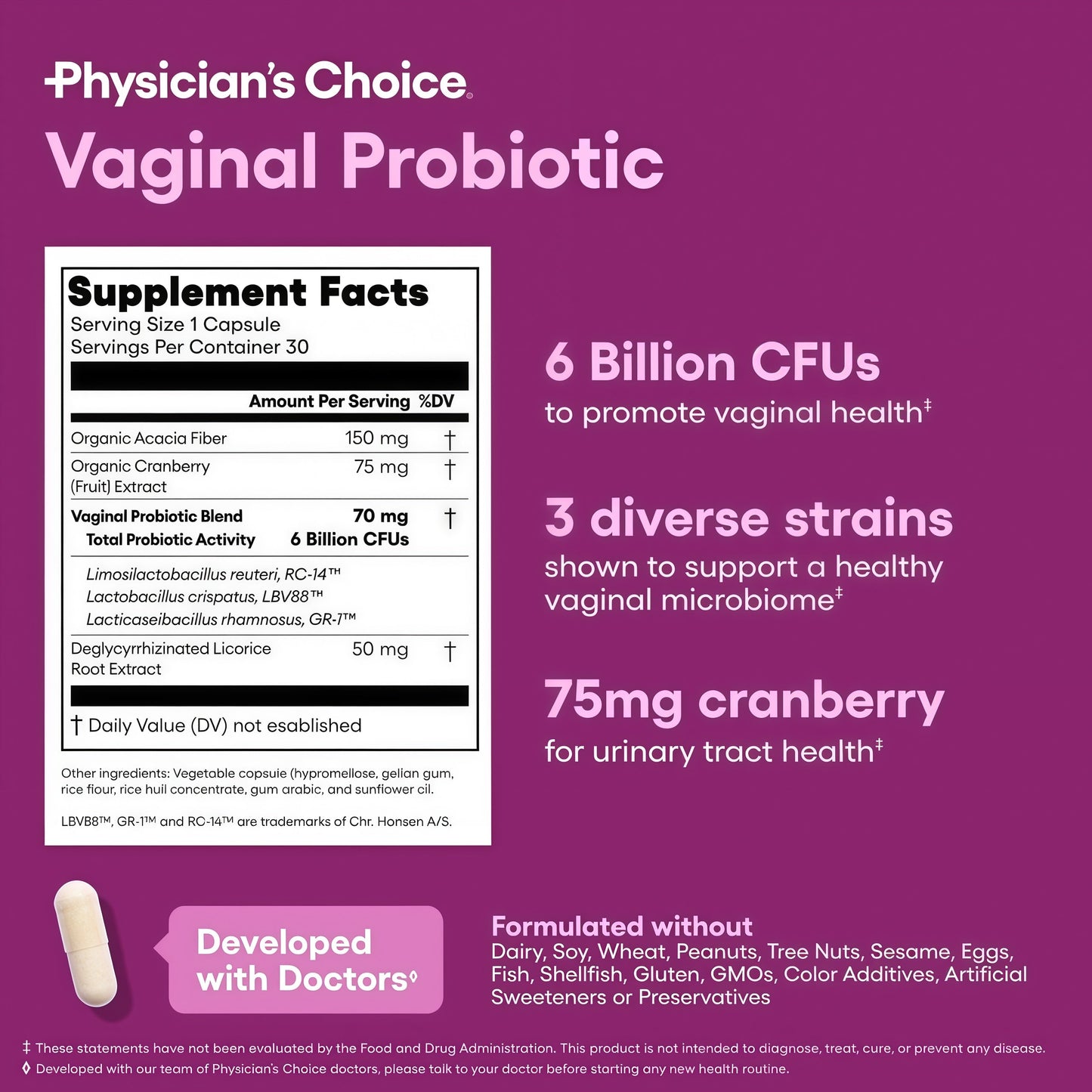 Physician's CHOICE Vaginal Probiotics for Women - Moisture, pH Balance, Odor Control, Yeast Balance, Vaginal Flora, Feminine Health - 6B CFU with Organic Prebiotics and Cranberry Extract - 30 CT