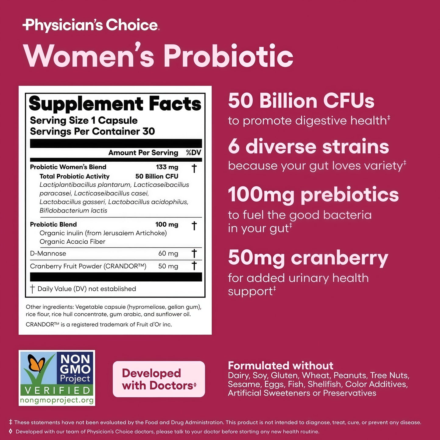 Physician's Choice Probiotics - PH Balance, Digestive, UT, & Feminine Health - 50 Billion CFU - 6 Unique Strains for Women - Organic Prebiotics, Cranberry Extract+ - Probiotic - 60 CT