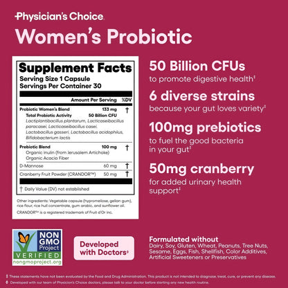 Physician's Choice Probiotics - PH Balance, Digestive, UT, & Feminine Health - 50 Billion CFU - 6 Unique Strains for Women - Organic Prebiotics, Cranberry Extract+ - Probiotic - 60 CT